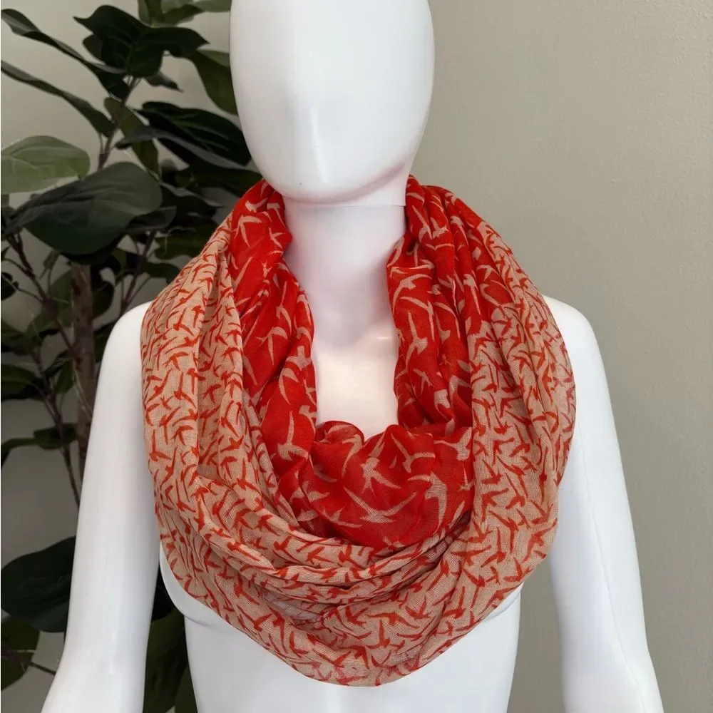 All Over Flying Bird Print Eternity Scarf Dark Orange & Ecru Lightweight Gauze
